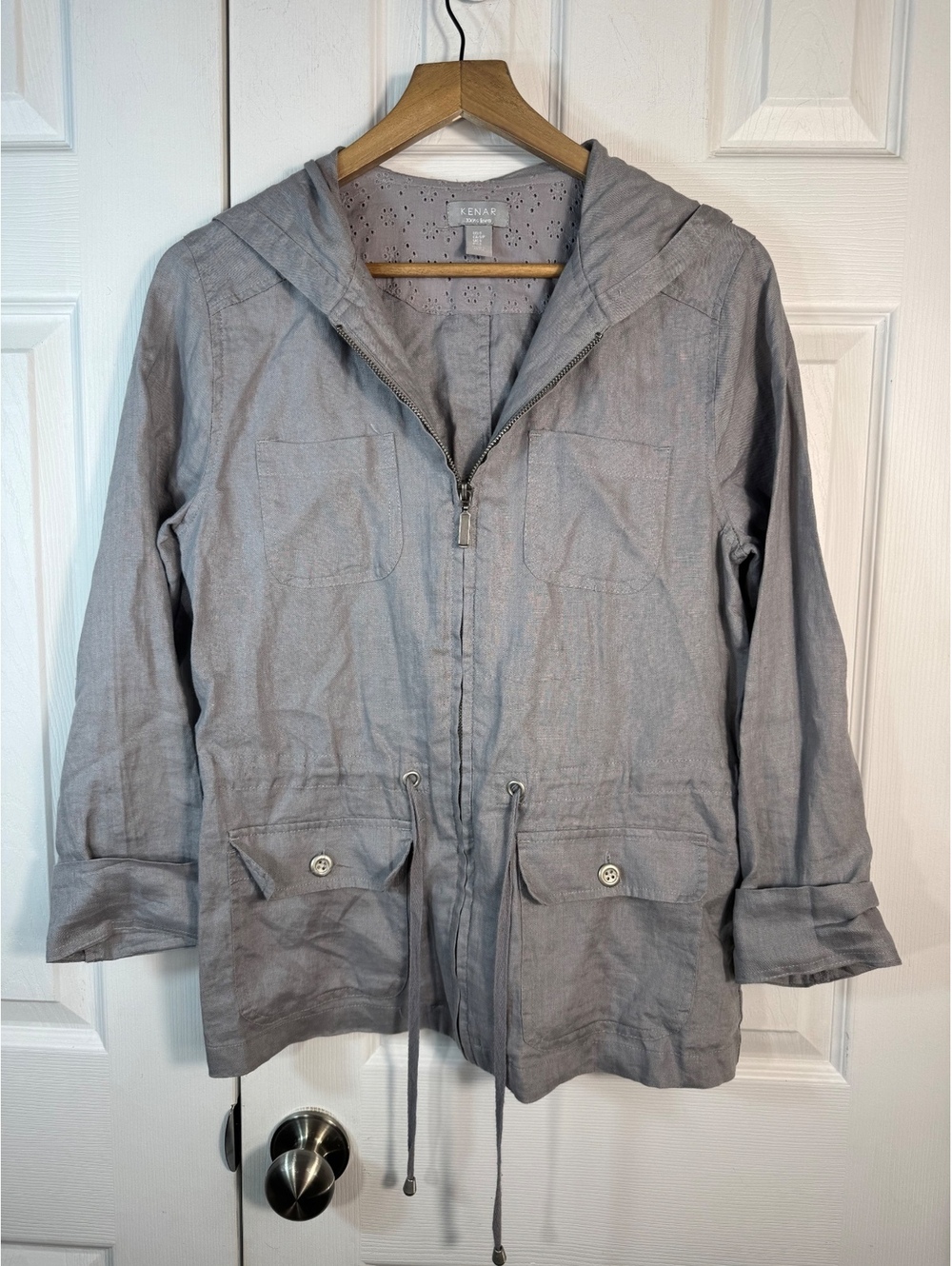 KENAR 100% Linen Hooded Jacket in Light Gray, Size Large